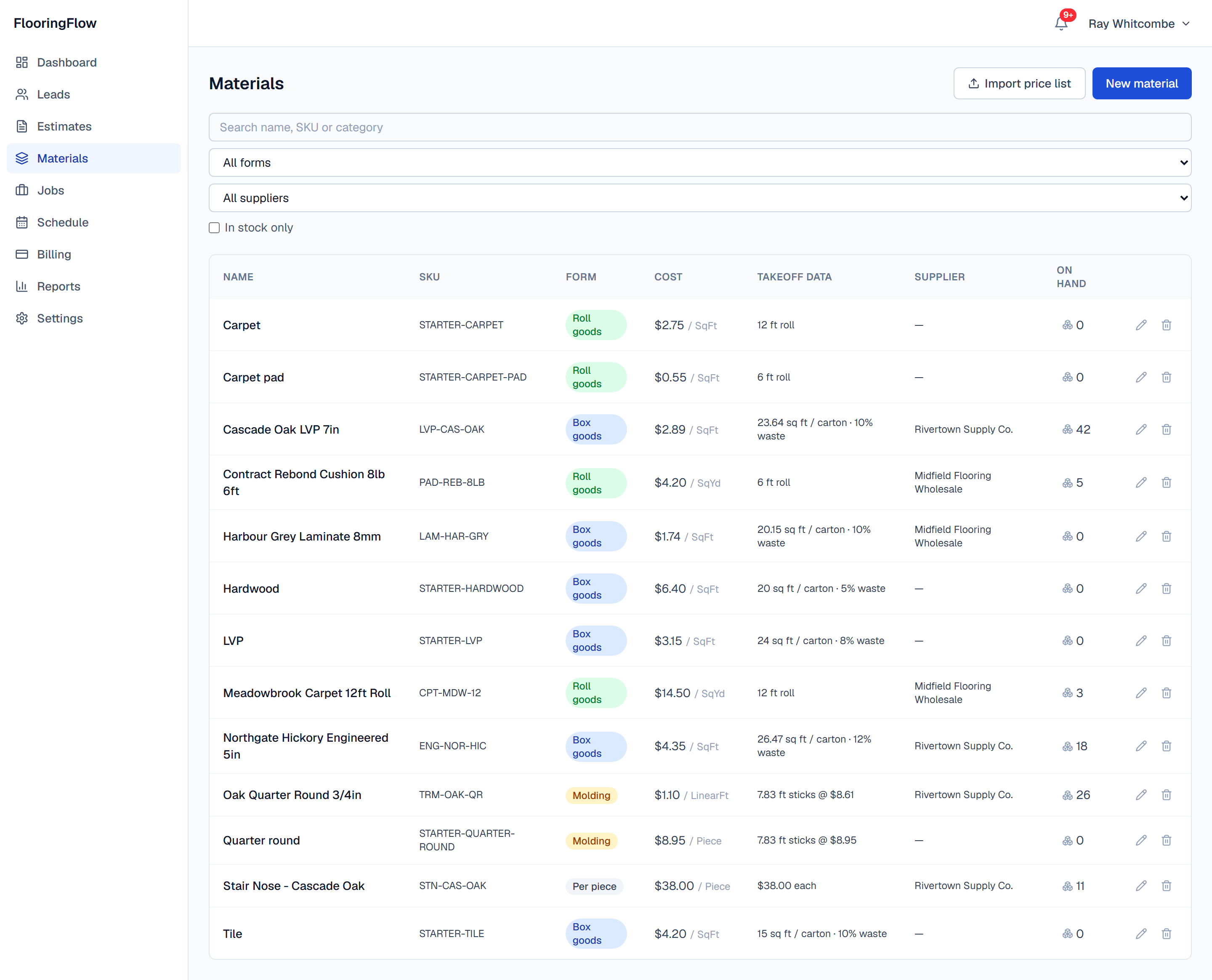 The material catalog: box goods, roll goods, moldings and per-piece products with supplier, cost, stock on hand, and whether each one carries enough data to be used in a takeoff.