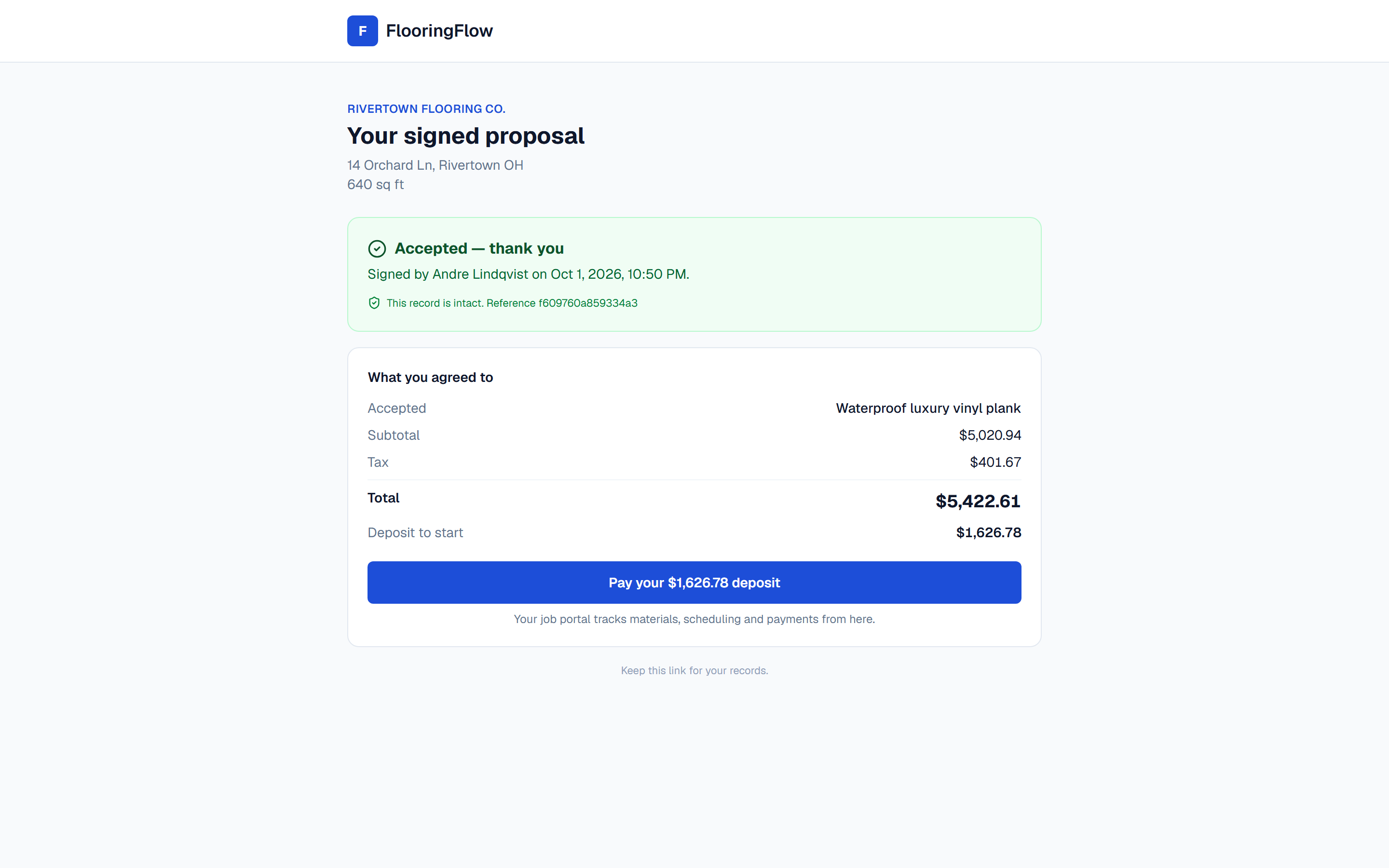 The accepted proposal receipt showing who signed, when, and what they agreed to.